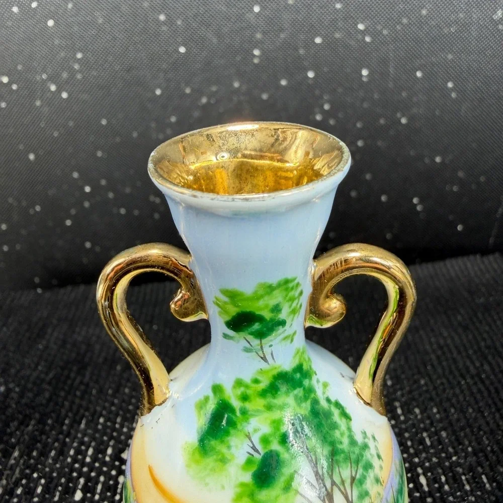 Vintage German Porcelain Miniature Bud Vase Hand Painted Swan Landscape Gold